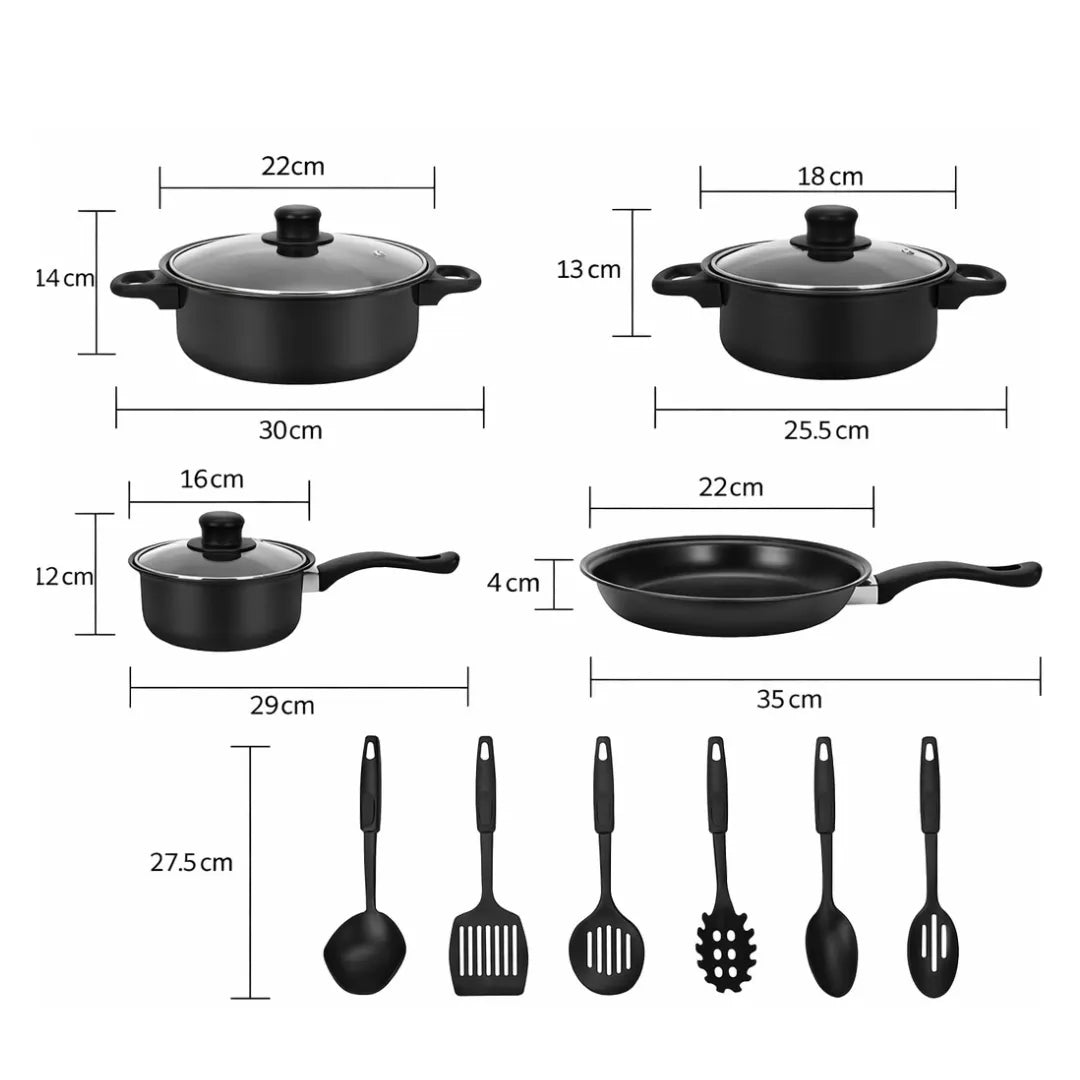 Сет од 13 парчиња тенџериња, тави и кујнски прибор со нелеплива површина
