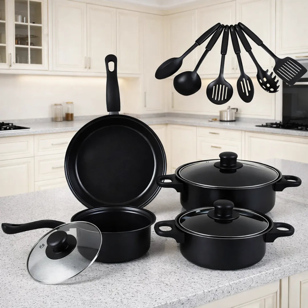 Сет од 13 парчиња тенџериња, тави и кујнски прибор со нелеплива површина