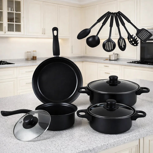 Сет од 13 парчиња тенџериња, тави и кујнски прибор со нелеплива површина