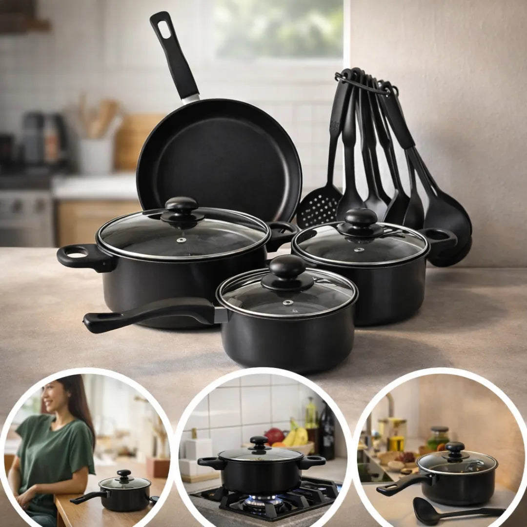 Сет од 13 парчиња тенџериња, тави и кујнски прибор со нелеплива површина