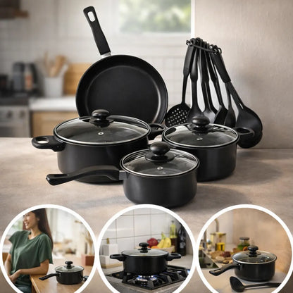Сет од 13 парчиња тенџериња, тави и кујнски прибор со нелеплива површина